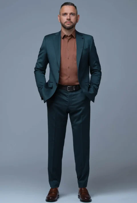 Business / classic Pánsky oblek v zelenomodrom odtieni